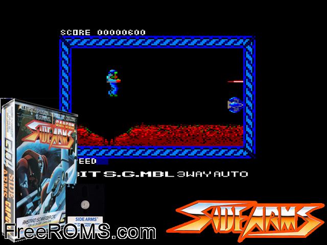 Side Arms (UK) (1987) [a1] Amstrad CPC game showing 3D box cover and gameplay screenshot